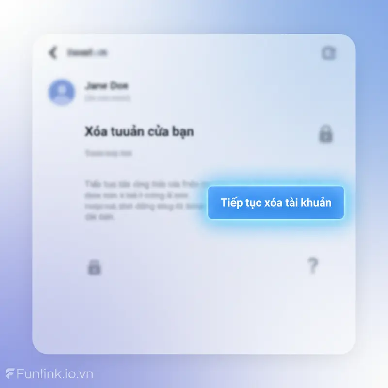Xóa tài khoản Facebook - Giao diện trang yêu cầu xóa tài khoản với nút Tiếp tục được nhấn mạnh.