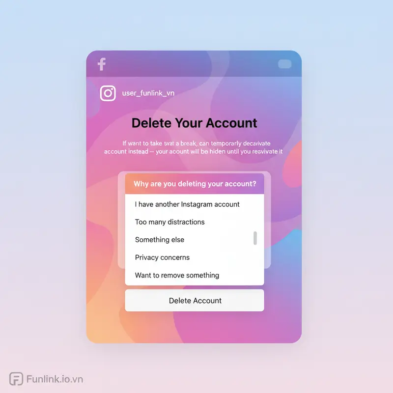 Xóa tài khoản Instagram - Trang yêu cầu xóa tài khoản với menu chọn lý do xóa đang được mở.