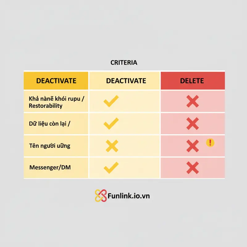 Xóa tài khoản mạng xã hội - Bảng so sánh giữa Deactivate (vô hiệu hóa) và Delete (xóa vĩnh viễn).
