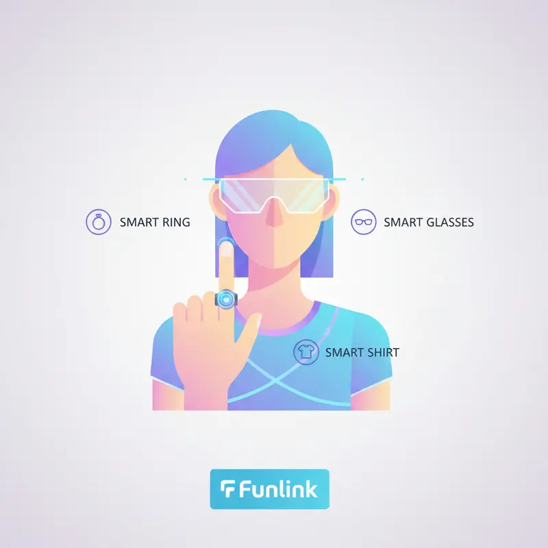 Infographic các loại thiết bị trong xu hướng wearable tech mới: nhẫn, áo và kính thông minh trên cơ thể người.