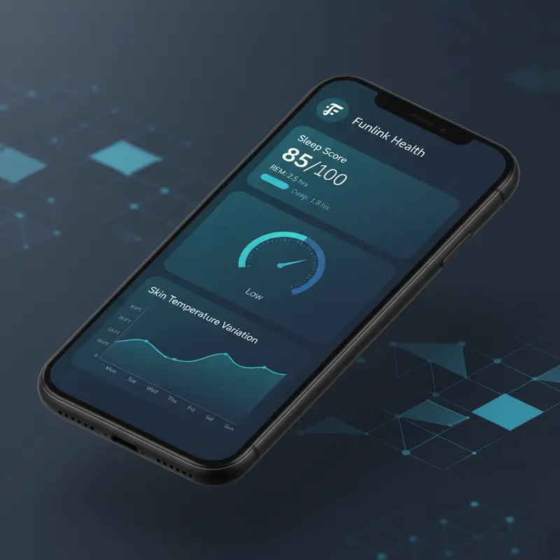 Giao diện ứng dụng theo dõi sức khỏe của xu hướng wearable tech hiển thị chỉ số giấc ngủ, HRV và căng thẳng.