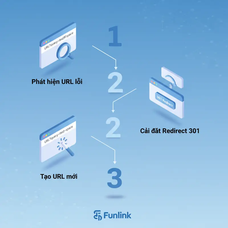 Sơ đồ quy trình 3 bước xử lý dấu cách trong url bằng redirect 301 an toàn.