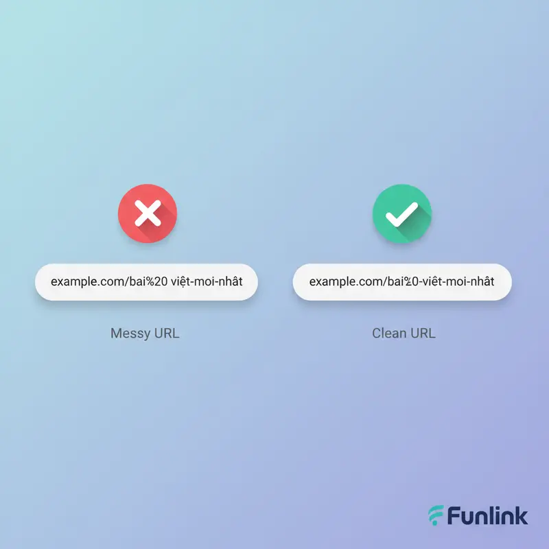So sánh xử lý dấu cách trong url: một bên là URL chứa %20 khó đọc, bên kia là URL gạch ngang dễ hiểu.