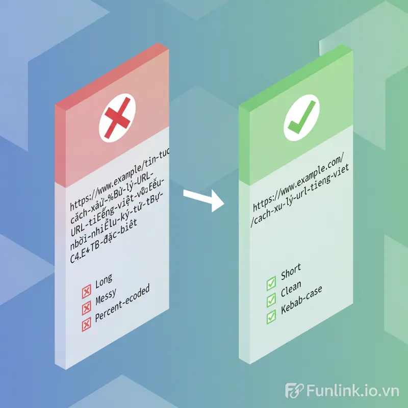 So sánh URL tiếng Việt được mã hóa và URL đã được xử lý tối ưu cho SEO.