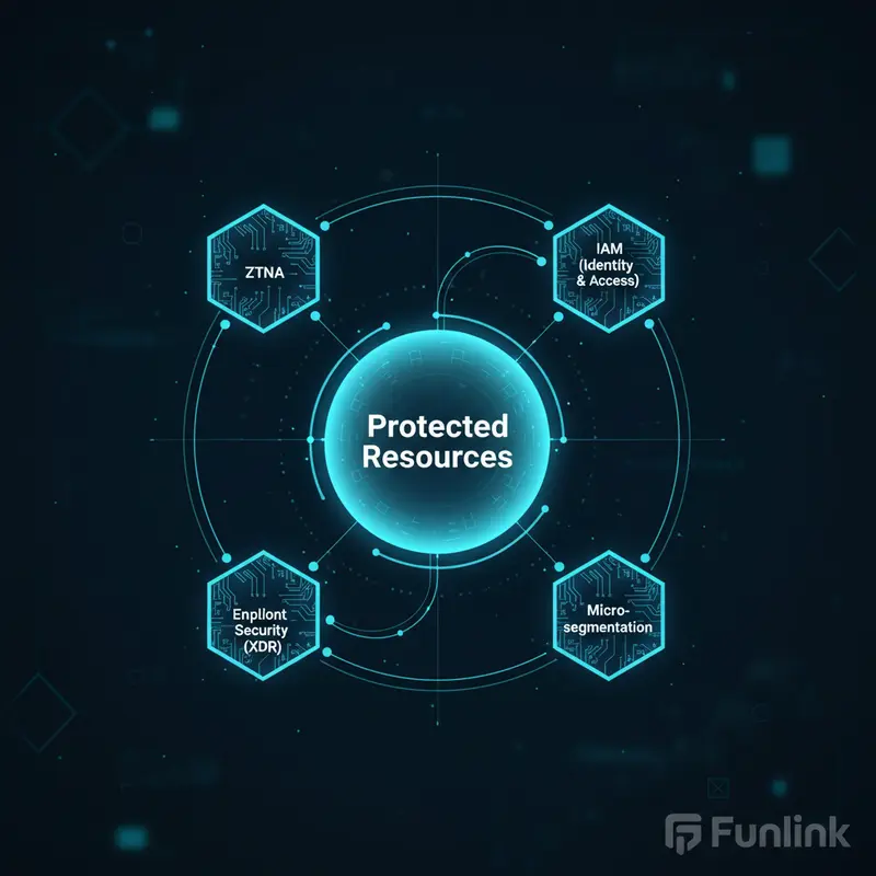 Infographic 4 thành phần chính của kiến trúc Zero Trust gồm IAM, phân đoạn vi mô, bảo mật điểm cuối, và ZTNA.