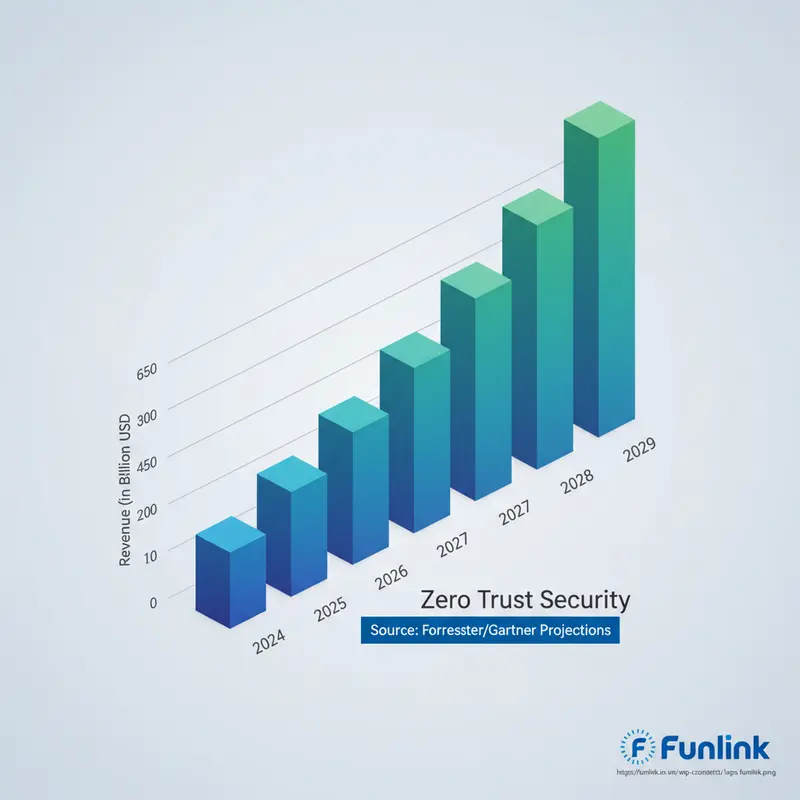 Biểu đồ cột dự báo tăng trưởng thị trường Zero Trust toàn cầu từ 2024 đến 2029, cho thấy sự gia tăng mạnh mẽ.