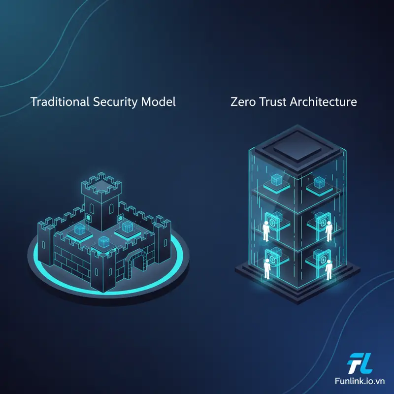 So sánh mô hình bảo mật Zero Trust xác thực nhiều lớp với mô hình truyền thống lâu đài và hào nước.